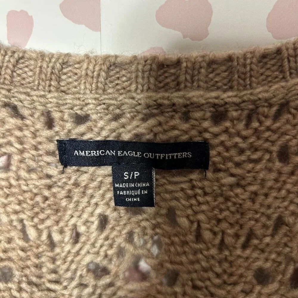 American Eagle Tan‎ Pointelle Open Knit Wool Blend Sweater S Fishermen Beachy